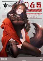 Rule 34 | 1girl, absurdres, animal ear fluff, animal ears, text background, belt buckle, between legs, black choker, black dress, black thighhighs, breasts, brown hair, brown tail, buckle, chain, chest strap, choker, commentary, dress, english text, eyebrows, fox ears, fox tail, full body, green eyes, grey background, hand between legs, head tilt, highres, jacket, kitsune, large breasts, leather, leather strap, long hair, looking at viewer, off shoulder, open mouth, original, parted lips, red jacket, short dress, sidelocks, sitting, smile, solo, strap gap, tail, thigh strap, thighhighs, two-tone background, wariza, xin (xin)