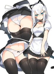 Rule 34 | 1girl, animal ears, apron, ass, black thighhighs, blue eyes, blush, bow, bow panties, cat ears, cat tail, choker, dress, feet out of frame, from below, hair between eyes, hair ornament, hairband, hairclip, highres, lower body, maid, maid apron, multiple views, navel, original, otokuyou, panties, puffy short sleeves, puffy sleeves, short hair, short sleeves, simple background, tail, thighhighs, underwear, white background, white hair, white panties, wind, wind lift