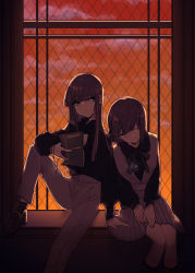 Rule 34 | 2boys, alternate costume, backlighting, blunt bangs, blunt ends, book, brown hair, closed mouth, cross, cross necklace, dress, dual persona, evening, fence, green eyes, gretel (sinoalice), holding, holding book, jewelry, long hair, looking at viewer, multiple boys, necklace, pants, pleated dress, reality arc (sinoalice), ribbon, sidelocks, sigatu r, sinoalice, sky, pants, sleeping, smile, sunset, trap, window