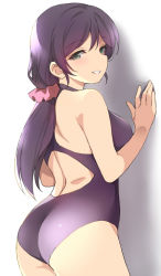 Rule 34 | 1girl, against wall, ass, bare shoulders, breasts, duke (inu daimyou), from behind, green eyes, hair ornament, hair scrunchie, long hair, love live!, love live! school idol project, low twintails, one-piece swimsuit, pink scrunchie, purple hair, purple one-piece swimsuit, scrunchie, smile, solo, swimsuit, tojo nozomi, twintails