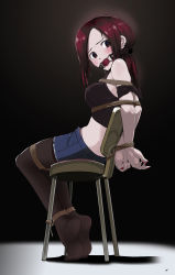 Rule 34 | 1girl, arm ribbon, arms behind back, ball gag, bare shoulders, bdsm, black pantyhose, black shirt, blue shorts, blush, bondage, borrowed character, bound, bound ankles, bound legs, bound wrists, breasts, brown eyes, chair, commission, crop top, cutoffs, ear piercing, fangs, from side, full body, gag, gagged, highres, long hair, looking back, lucine (hinatachan1177), medium breasts, midriff, miniskirt, nail polish, original, pantyhose, pantyhose under shorts, piercing, ponytail, red hair, red nails, ribbon, rope, saliva, saliva trail, sharpffffff, shirt, short shorts, shorts, sidelocks, sitting, skirt, solo, tank top, thighband pantyhose, tied to chair, tiptoes, vampire