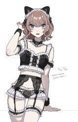 1girl animal_ears armband black_armband black_collar black_garter_belt black_garter_straps black_panties black_ribbon breasts brown_hair cat_ears collar cross-laced_clothes cross-laced_panties eyelashes fake_animal_ears fingernails frilled_thigh_strap garter_belt garter_straps gluteal_fold green_eyes hair_between_eyes hand_up highres maid_headdress medium_breasts navel open_mouth original panties ribbon short_hair simple_background solo teeth thigh_strap underwear upper_teeth_only white_background yoshioka_suke