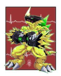 Rule 34 | 1boy, absurdres, artist request, bulkmon, digimon, digimon (creature), fingernails, full body, highres, horn, looking at viewer, mask, muscular, muscular male, open mouth, sharp fingernails, sharp teeth, simple background, standing, tail, teeth