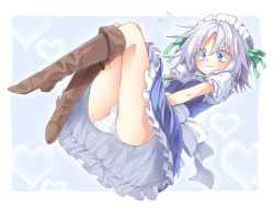 Rule 34 | 1girl, ass, bad id, bad pixiv id, blue background, blue dress, blue eyes, blush, boots, border, braid, breasts, brown footwear, commentary request, dress, flying sweatdrops, full body, green ribbon, hair ribbon, heart, heart background, highres, ina (inadahime), izayoi sakuya, knees up, maid, maid headdress, panties, petticoat, puffy short sleeves, puffy sleeves, ribbon, short hair, short sleeves, silver hair, small breasts, solo, thighs, touhou, twin braids, underwear, wavy mouth, white border, white panties