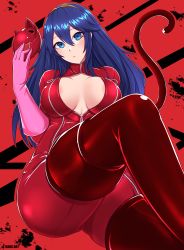 Rule 34 | 1girl, absurdres, alternate costume, artist name, blue eyes, blue hair, bodysuit, cat tail, cosplay, fire emblem, gloves, highres, holding, holding mask, kaos art, looking at viewer, lucina (fire emblem), mask, nintendo, open bodysuit, open clothes, persona, persona 5, red bodysuit, solo, tail, takamaki anne, takamaki anne (cosplay), thighhighs