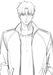 Rule 34 | 1boy, absurdres, freng, hand in pocket, highres, jacket, looking at viewer, male focus, monochrome, shirt, short hair, sketch, solo, t-shirt, upper body, white background