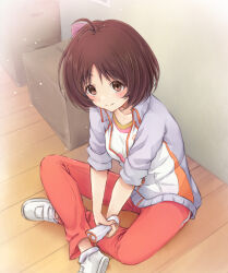 Rule 34 | 1girl, antenna hair, arigato (rmskrtkdlqj), blurry, blush, breasts, brown eyes, brown hair, cardboard, closed mouth, collarbone, depth of field, dot nose, from above, hidaka ai, holding, idolmaster, idolmaster dearly stars, indian style, indoors, jacket, looking at viewer, looking up, pants, purple jacket, red shorts, shirt, shoes, short hair, shorts, sitting, sleeves rolled up, small breasts, smile, sneakers, socks, solo, track jacket, track pants, white footwear, white shirt, white socks, wooden floor