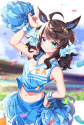 Rule 34 | 1girl, absurdres, alternate costume, animal ears, arm up, armpits, bare shoulders, black hair, blue eyes, blue shirt, blue skirt, blurry, blurry background, blush, breasts, cheerleader, cleavage, closed mouth, collarbone, commentary request, confetti, daring tact (umamusume), hair ornament, hairclip, hand on own hip, hero (10cl3), highres, holding, holding pom poms, horse ears, horse girl, long hair, looking at viewer, medium breasts, medium hair, midriff, multicolored hair, navel, pom pom (cheerleading), pom poms, shirt, simple background, skirt, sleeveless, sleeveless shirt, smile, solo, streaked hair, umamusume, white background, white hair, wristband