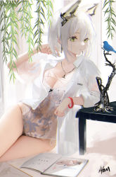 Rule 34 | 1girl, animal ears, arknights, arm support, arm up, artist name, bird, book, breasts, cat ears, cleavage, curtains, earrings, green eyes, highres, indoors, jewelry, kal&#039;tsit (arknights), leotard, lingerie, long sleeves, looking at animal, medium breasts, necklace, omone hokoma agm, open book, parted lips, reclining, rhodes island logo (arknights), short hair, silver hair, solo, thighs, underwear, white leotard, wristband