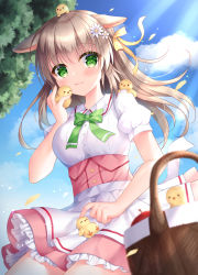 Rule 34 | 1girl, animal, animal ears, apron, bird, blurry, blurry foreground, blush, bow, breasts, brown hair, chick, closed mouth, collared shirt, commentary request, commission, day, depth of field, flower, frilled skirt, frills, green bow, green eyes, hair between eyes, hair bow, hair flower, hair ornament, highres, kohinata hoshimi, long hair, medium breasts, original, outdoors, picnic, picnic basket, pink skirt, pixiv commission, puffy short sleeves, puffy sleeves, rabbit ears, shirt, short sleeves, skirt, smile, solo, waist apron, white apron, white flower, white shirt, yellow bow