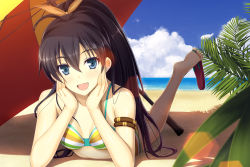 Rule 34 | 10s, 1girl, :d, arm support, barefoot, beach, beach umbrella, between toes, bikini, black hair, blue eyes, day, fang, feet, ganaha hibiki, hands on own cheeks, hands on own face, high ponytail, idolmaster, idolmaster (classic), idolmaster cinderella girls, ihara asta, looking at viewer, lying, multicolored stripes, ocean, on stomach, open mouth, outdoors, ponytail, sandals, shoe dangle, smile, soles, solo, striped bikini, striped clothes, swimsuit, toes, umbrella