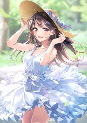 Rule 34 | 1girl, :d, absurdres, bare shoulders, blush, breasts, brown eyes, brown hair, circle skirt, collarbone, dated, day, dress, floating hair, hair ornament, hairclip, hands on headwear, hat, hat tug, highres, holding, long hair, looking at viewer, medium breasts, morikura en, open mouth, original, outdoors, scan, sidelocks, sleeveless, sleeveless dress, smile, solo, sun hat, sundress, white dress, wind, wind lift