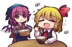 Rule 34 | 2girls, animal ears, apron, ascot, bandana, bird ears, bird wings, black vest, blonde hair, blue apron, blue bandana, blue gloves, blue headwear, bowl, brown eyes, brown kimono, closed eyes, eating, food, gloves, hair between eyes, hair ribbon, holding, holding spoon, japanese clothes, kimono, long sleeves, looking at another, multiple girls, mystia lorelei, okamisty, open mouth, pink hair, red ascot, red ribbon, ribbon, rumia, shirt, simple background, sitting, smile, spoon, standing, table, touhou, unime seaflower, vest, waist apron, white background, white shirt, white wings, wings