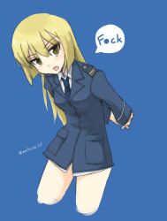 Rule 34 | 1girl, arms behind back, blonde hair, blue background, brown eyes, censored, censored text, cropped legs, english text, highres, interlocked fingers, leaning forward, long hair, long sleeves, makaze (t-junction), marian e. carl, military, military uniform, no pants, noble witches, own hands clasped, own hands together, profanity, simple background, solo, speech bubble, strike witches, twitter username, uniform, world witches series