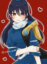 Rule 34 | 1girl, :d, absurdres, arm under breasts, armor, blue dress, blush, breasts, commentary request, dress, grin, hair between eyes, hat, heart, highres, iizunamaru megumu, light smile, looking at viewer, medium breasts, one-hour drawing challenge, open mouth, outline, pauldrons, red background, red eyes, shoulder armor, simple background, single pauldron, smile, solo, tokin hat, touhou, uooooo imoda, upper body, white outline
