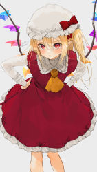 Rule 34 | 1girl, artist name, ascot, blonde hair, blush, bow, commentary request, dress, feet out of frame, flandre scarlet, frills, frown, gotou (nekocat), hair between eyes, hands on own hips, hat, hat bow, highres, leaning forward, long hair, long sleeves, looking at viewer, mob cap, pointy ears, pout, red bow, red dress, red eyes, side ponytail, solo, touhou, white hat, wings, yellow ascot