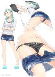 Rule 34 | 10s, 1girl, 2016, ama mitsuki, aqua eyes, aqua hair, ass, bare legs, black panties, blush, body pillow, bow, bow panties, bracelet, breasts, clothes pull, collarbone, commentary, crossed arms, dated, denim, denim skirt, hair ornament, hairclip, hugging object, jewelry, kantai collection, long hair, long sleeves, lying, medium breasts, miniskirt, multiple views, navel, on side, open clothes, open mouth, open skirt, panties, pillow, pillow hug, shirt, signature, simple background, skirt, skirt pull, slippers, standing, striped clothes, striped panties, suzuya (kancolle), torn clothes, underwear, upskirt, vertical-striped clothes, vertical-striped panties, white background, white shirt