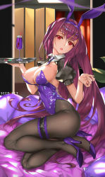 Rule 34 | 1girl, animal ears, artist name, blush, breasts, cleavage, cup, drinking glass, fake animal ears, fate/grand order, fate (series), hair between eyes, hair intakes, high heels, large breasts, leotard, long hair, looking at viewer, necktie, nipple slip, nipples, open mouth, pantyhose, playboy bunny, puffy short sleeves, puffy sleeves, purple hair, purple leotard, rabbit ears, red eyes, scathach (fate), shiny clothes, shiny skin, short sleeves, sitting, solo, strapless, strapless leotard, sweat, teeth, tray, very long hair, viola (seed)