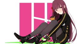 Rule 34 | 1girl, ankle strap, bad id, bad twitter id, black footwear, black pantyhose, black skirt, blazer, blush, breasts, closed mouth, food, full body, girls&#039; frontline, gloves, hair ribbon, half updo, highres, holding, holding food, ichiki 1, jacket, large breasts, long hair, looking at viewer, necktie, one side up, pantyhose, pinky out, popsicle, purple hair, red eyes, red necktie, red ribbon, ribbon, shirt, shoes, sitting, skirt, solo, thighband pantyhose, very long hair, wa2000 (girls&#039; frontline)