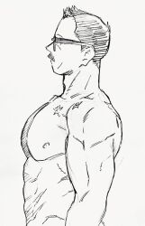 Rule 34 | abs, bara, billy russell (dickfish), dickfish (fishismdick), facial hair, from side, glasses, highres, large pectorals, looking to the side, male focus, mature male, muscular, muscular male, mustache, nipples, nude, original, pectorals, scan, scar, scar on chest, short hair, sideburns, sketch, traditional media
