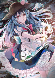 Rule 34 | 1girl, black hat, blue hair, blue skirt, blurry, bow, bowtie, closed mouth, cloud, commentary request, dark background, dutch angle, dx7537, feet out of frame, floating hair, food, frilled skirt, frills, fruit, glowing, glowing sword, glowing weapon, hair between eyes, hat, highres, hinanawi tenshi, light particles, long hair, peach, puffy short sleeves, puffy sleeves, rainbow order, red bow, red eyes, sheath, shirt, short sleeves, skirt, sky, solo, standing, sword, sword of hisou, touhou, unsheathing, weapon, white shirt