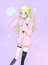 Rule 34 | 1girl, alternate hairstyle, artist name, artist request, ayase eli, bare legs, bare shoulders, black choker, black legwear, blonde hair, blue eyes, blush, bow, bow earrings, breasts, choker, collarbone, earrings, female focus, hair between eyes, hair rings, highres, jacket, jewelry, long hair, long sleeves, looking at viewer, love live!, love live! school idol project, nail, nail polish, necklace, parted lips, pink jacket, purple background, purple nail polish, purple nails, shirt, short hair, sleeves past wrists, smile, solo, white shirt