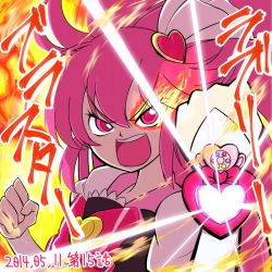 Rule 34 | 10s, 1girl, aino megumi, brooch, clenched hand, cure lovely, fire, flaming eye, happinesscharge precure!, heart, heart brooch, pink eyes, pink hair, ponytail, precure, solo, translation request, watch, wristwatch, yoshimune