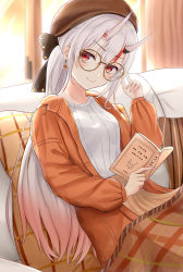Rule 34 | 1girl, adjusting eyewear, alternate costume, alternate hairstyle, beret, blanket, book, breasts, brown jacket, brown skirt, commentary, couch, day, drop earrings, earrings, fang, gradient hair, hat, hat ribbon, highres, holding, holding book, hololive, horns, inaka 44, indoors, jacket, jewelry, long hair, looking at viewer, multicolored hair, nakiri ayame, on couch, oni, open clothes, open jacket, plaid pillow, ponytail, reading, ribbon, sidelocks, sitting, skin-covered horns, skirt, small breasts, smile, solo, streaked hair, striped pillow, sweater, very long hair, virtual youtuber, white hair, white sweater