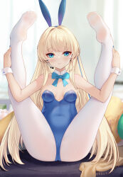 Rule 34 | 1girl, absurdres, animal ears, blonde hair, blue archive, blue eyes, blue leotard, blue nails, blush, bow, bowtie, breasts, detached collar, earrings, eyeshadow, fake animal ears, female focus, fingernails, full body, halo, highres, hong bai, jewelry, legs up, leotard, long hair, looking at viewer, makeup, medium breasts, multicolored hair, nail polish, official alternate costume, pantyhose, playboy bunny, rabbit ears, smile, soles, solo, strapless, strapless leotard, streaked hair, toki (blue archive), toki (bunny) (blue archive), very long hair, white pantyhose, wrist cuffs