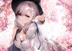 Rule 34 | 1girl, absurdres, an yasuri, azur lane, bag, black hat, breasts, cleavage, dunkerque (afternoon venus) (azur lane), dunkerque (azur lane), gradient hair, hand on headwear, hand up, hat, highres, large breasts, long hair, long sleeves, looking at viewer, multicolored hair, red eyes, shirt, shoulder bag, silver hair, smile, solo, top hat, upper body, white shirt