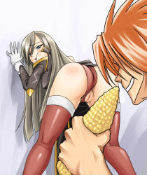 Rule 34 | 00s, 1boy, 1girl, ass, bent over, blue eyes, brown hair, censored, cleft of venus, corn, corn cob, from behind, leaning forward, long hair, looking back, luke fon fabre, mosaic censoring, pussy, syunzou, tales of (series), tales of the abyss, tear grants, thighhighs
