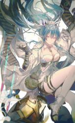 Rule 34 | 1girl, absurdres, ankle boots, arknights, black gloves, black shorts, blue eyes, blue hair, boots, braid, breasts, cleavage, closed mouth, coat, cup, dragon girl, dragon horns, dragon tail, earrings, elbow gloves, gloves, gourd, highres, holding, holding cup, horns, jewelry, lantern, ling (arknights), long hair, looking at viewer, multicolored hair, open clothes, open coat, pointy ears, pouch, shirt, short shorts, shorts, simple background, smile, solo, streaked hair, tail, tharsis (392724022), thigh strap, two-tone hair, underbust, very long hair, white background, white coat, white footwear, white hair, white shirt