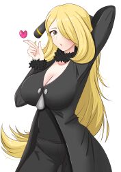 Rule 34 | 1girl, :o, absurdres, arm up, black coat, black pants, black shirt, breasts, cleavage, coat, cowboy shot, creatures (company), cynthia (pokemon), fur-trimmed sleeves, fur collar, fur trim, game freak, hair ornament, hair over one eye, heart, highres, large breasts, long hair, long sleeves, looking at viewer, maho (corotonton5150), nintendo, open mouth, pants, pokemon, pokemon dppt, shirt, simple background, solo, very long hair, white background