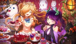 Rule 34 | + +, 2girls, :3, absurdres, animal, animal-themed food, animal ears, apron, bat (animal), blonde hair, blush, bow, bowtie, braid, breasts, brick wall, brooch, cake, cat, cat ears, cat girl, cat tail, cleavage, closed eyes, collared dress, cupcake, demon girl, demon horns, demon wings, dessert, dress, eating, elbow gloves, fangs, food, fork, ghost, gloves, green eyes, hair over one eye, halloween, halter dress, halterneck, hanging lantern, heterochromia, highres, holding, holding fork, holding tray, horns, jewelry, long hair, macaron, maid, maid headdress, multiple girls, multiple tails, nekomata, open mouth, original, plant, plate, ponytail, pudding, purple eyes, purple hair, ruri-urasue-1224, short sleeves, smile, sparkle, striped clothes, striped dress, sweets, table, tail, tearing up, tears, tiered tray, tray, twintails, very long hair, vines, wings, wrist cuffs