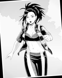 Rule 34 | 10s, 1girl, akimotsu (akim x), black hair, blush, boku no hero academia, breasts, cleavage, collarbone, greyscale, highres, jacket, looking at viewer, medium breasts, midriff, monochrome, navel, open clothes, open mouth, pants, ponytail, solo, sports bra, stomach, sweat, track jacket, track pants, track suit, walking, yaoyorozu momo
