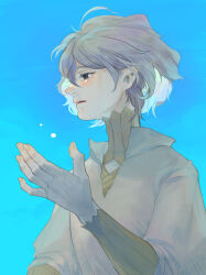 Rule 34 | 1boy, absurdres, black eyes, blue sky, blush, dungeon meshi, elf, gorget, grey hair, happy tears, highres, kzmoch1, long sleeves, looking to the side, male focus, mithrun, notched ear, parted lips, pointy ears, shirt, short hair, sky, solo, tearing up, tears, tunic, wavy hair