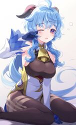 Rule 34 | 1girl, ahoge, bare shoulders, bell, blue gloves, blue hair, bodystocking, breasts, cowbell, detached sleeves, ganyu (genshin impact), genshin impact, gloves, goat horns, highres, horns, large breasts, long hair, looking to the side, neck bell, one eye closed, red eyes, ringozaka mariko, sitting, solo, white sleeves