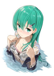 Rule 34 | 10s, 1girl, black bra, blazer, blush, bra, breasts, cleavage, closed mouth, from above, green eyes, green hair, hair between eyes, hair ornament, hairclip, highres, jacket, kantai collection, long hair, long sleeves, looking at viewer, matching hair/eyes, max melon, medium breasts, revision, shirt, simple background, solo, suzuya (kancolle), underwear, wading, water, wet, wet clothes, white shirt