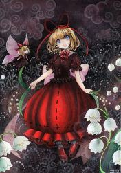 Rule 34 | 1girl, blonde hair, blue eyes, bow, bubble skirt, fairy wings, flower, hair bow, lily of the valley, medicine melancholy, mini person, minigirl, mosho, open mouth, painting (medium), puffy short sleeves, puffy sleeves, sash, shirt, short sleeves, skirt, smile, su-san, touhou, traditional media, watercolor (medium), wings