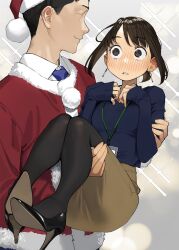 Rule 34 | 1boy, 1girl, black footwear, black pantyhose, blue shirt, blush, brown eyes, brown hair, brown skirt, carrying, closed mouth, commentary, douki-chan (douki-chan), douki-kun (douki-chan), earrings, faceless, faceless male, ganbare douki-chan, hat, highres, id card, jewelry, lanyard, long sleeves, looking at another, pantyhose, princess carry, red headwear, santa costume, santa hat, shirt, shoes, short hair, skirt, smile, yomu (sgt epper)