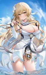 Rule 34 | 1girl, adapted costume, alternate breast size, alternate hair length, alternate hairstyle, bare shoulders, blonde hair, blush, breasts, cleavage, dress, flower, genshin impact, gloves, hair between eyes, hair flower, hair ornament, highres, large breasts, lily (flower), long hair, looking at viewer, lumine (genshin impact), machi (7769), panties, partially submerged, solo, thighs, underwear, white dress, yellow eyes