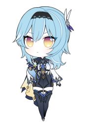 Rule 34 | 1girl, :&lt;, black leotard, black thighhighs, blue hair, cape, chibi, commentary request, eula (genshin impact), full body, genshin impact, hair between eyes, hair ornament, hairband, hand on own hip, hara (xper8243), leotard, long hair, long sleeves, looking at viewer, necktie, sidelocks, simple background, solo, standing, thighhighs, v-shaped eyebrows, vision (genshin impact), white background, yellow eyes, zettai ryouiki