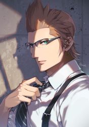 Rule 34 | 1boy, adjusting clothes, adjusting necktie, artist name, brown hair, final fantasy, final fantasy xv, formal, glasses, green eyes, grey background, hinoe (dd works), ignis scientia, male focus, necktie, parted lips, shadow, shirt, short hair, sideburns, solo, spiked hair, striped necktie, suspenders, upper body, white shirt