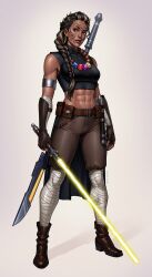 Rule 34 | 1girl, abs, absurdres, alien, bandaged leg, bandages, belt, belt pouch, birdyraider, black hair, black shirt, blonde hair, boots, braid, braided ponytail, breasts, brown belt, brown footwear, brown gloves, brown shorts, crop top, dark-skinned female, dark skin, energy sword, facial tattoo, fingerless gloves, full body, gloves, grey background, highres, holding lightsaber, horns, jedi, jewelry, large breasts, lightsaber, long hair, looking to the side, multicolored hair, muscular, muscular female, navel, necklace, pouch, purple eyes, shadow, shirt, shorts, simple background, sleeveless, sleeveless shirt, solo, standing, star wars, streaked hair, sword, tattoo, two-tone hair, weapon, yellow lightsaber, zabrak