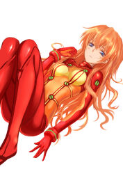 Rule 34 | 1girl, blue eyes, blush, bodysuit, bracer, breasts, evangelion: 2.0 you can (not) advance, highres, infukun, knees up, long hair, lying, medium breasts, multicolored bodysuit, multicolored clothes, neon genesis evangelion, on back, orange bodysuit, orange hair, parted lips, pilot suit, plugsuit, rebuild of evangelion, red bodysuit, simple background, skin tight, solo, souryuu asuka langley, test plugsuit, third-party source, two-tone bodysuit, wavy hair, white background