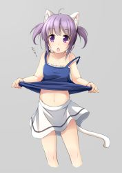 Rule 34 | 1girl, ahoge, animal ears, camisole, cat ears, cat tail, clothes lift, cowboy shot, grey background, lifting own clothes, midriff, navel, open mouth, original, purple eyes, purple hair, shibacha (shibacha 0728), shirt lift, short hair, simple background, skirt, solo, stomach, tail, twintails