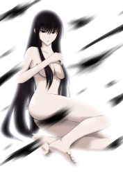 Rule 34 | 1girl, ass, barefoot, black eyes, black hair, censored, convenient censoring, full body, hagoromo gitsune, long hair, lost july, nude, nurarihyon no mago, pale skin, solo, very long hair, white background