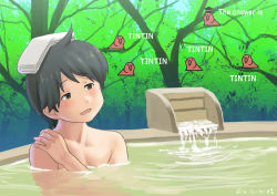 Rule 34 | 1girl, bare shoulders, bathing, bird, green eyes, green hair, kantai collection, looking to the side, meme, misumi (niku-kyu), mogami (kancolle), onsen, partially submerged, party parrot (meme), short hair, towel, towel on head