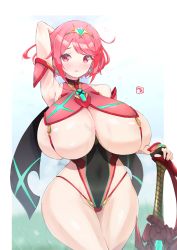 Rule 34 | 1girl, alternate breast size, areola slip, bea (bropmlk), black gloves, blush, bodysuit, breasts, chest jewel, covered navel, earrings, fingerless gloves, gem, gloves, highres, holding, holding weapon, huge breasts, jewelry, looking at viewer, nintendo, open mouth, pyra (xenoblade), red eyes, red hair, short hair, sideboob, sidelocks, simple background, solo, swept bangs, sword, tiara, underboob, weapon, white background, xenoblade chronicles (series), xenoblade chronicles 2