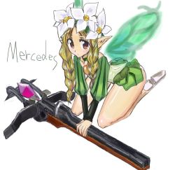 Rule 34 | 1girl, bad anatomy, bow (weapon), braid, character name, crossbow, fairy, flower, kneeling, mercedes (odin sphere), odin sphere, pointy ears, puff and slash sleeves, puffy sleeves, solo, twin braids, weapon, wings, zesuto (zestzest)